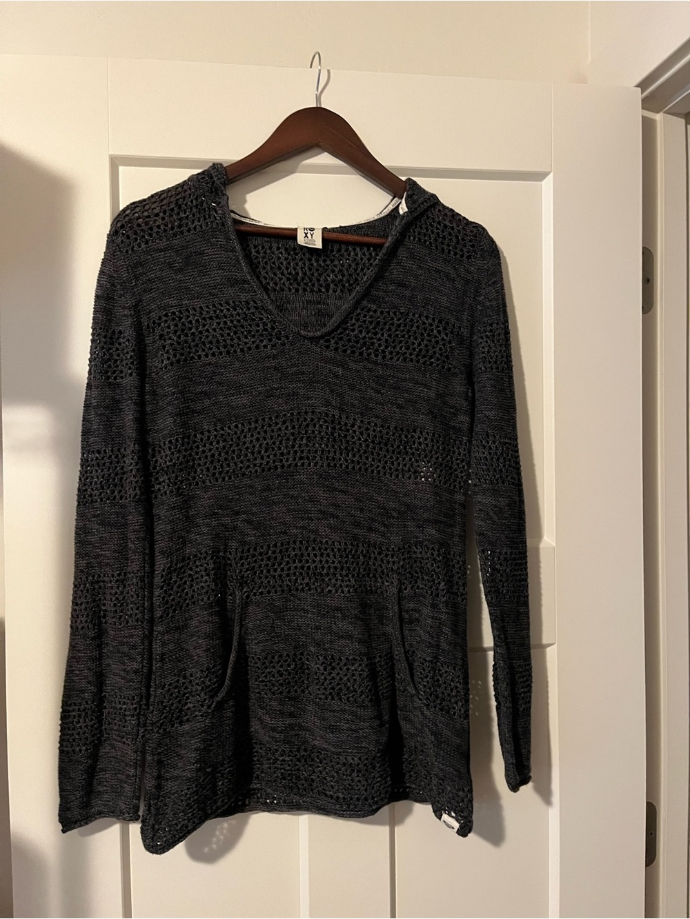Roxy Black Open-Knit V-Neck Sweater with Hood